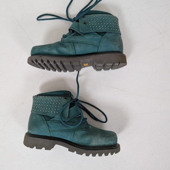 Cat Antique Green Leather Boots Turquoise Work Chunky Combat Studs - Picture 4 of 11